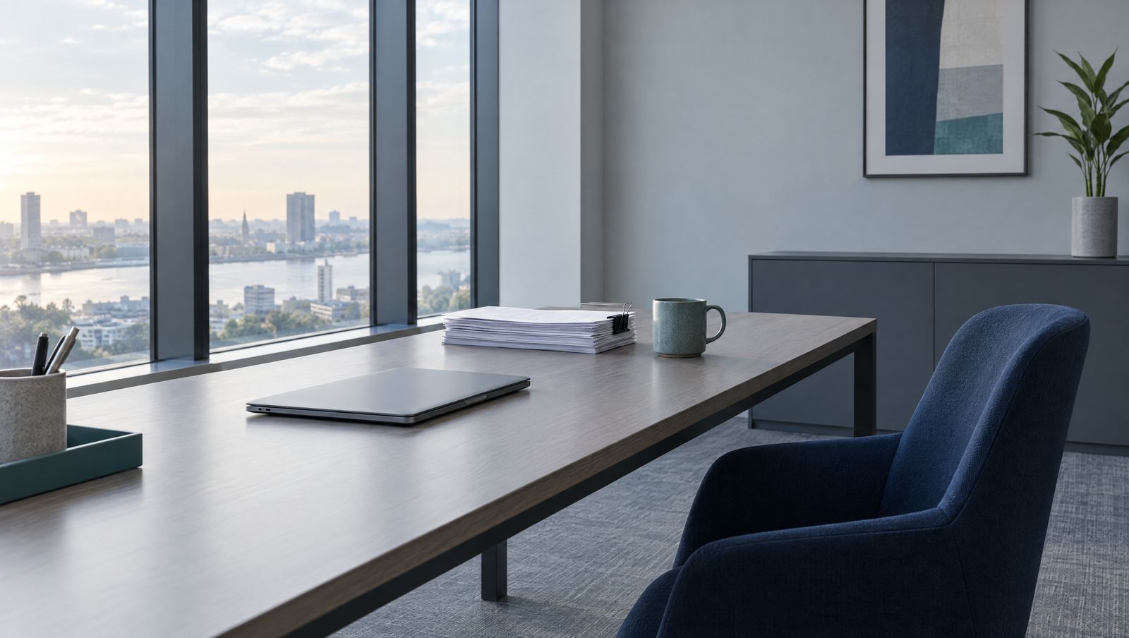A quiet accounts payable office in the morning, with a closed laptop and a tidy stack of invoices by the window.