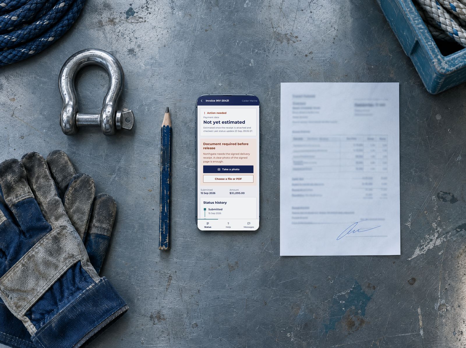 A phone on a steel workbench showing Vidette: invoice INV-20431 needs a signed delivery receipt, with a Take a photo button. The signed receipt lies beside it, with a shackle, pencil and work gloves.