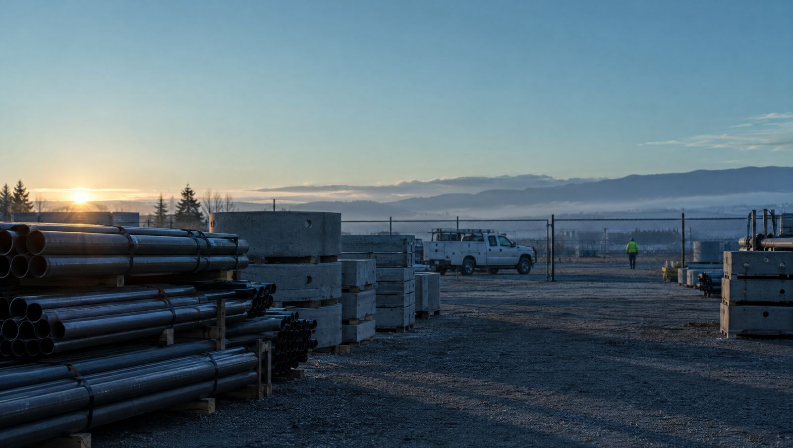 A facilities and construction yard at dawn, with stacked steel pipe, precast concrete and a utility truck by the fence.